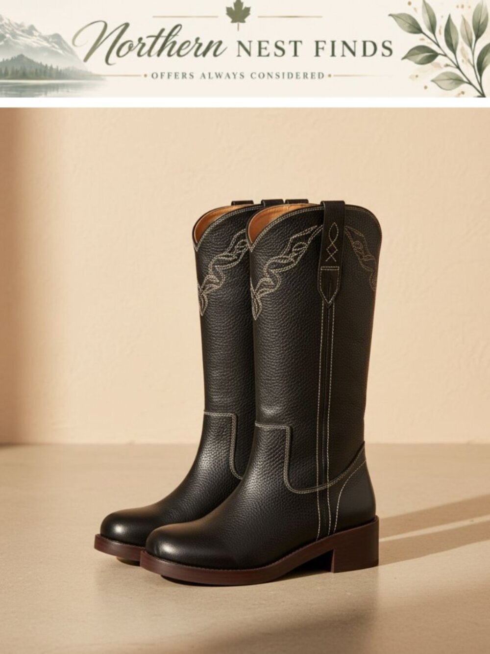 Faux Leather Knee High Boots Women Pull On Round Toe Low Heel Tall Motorcycle